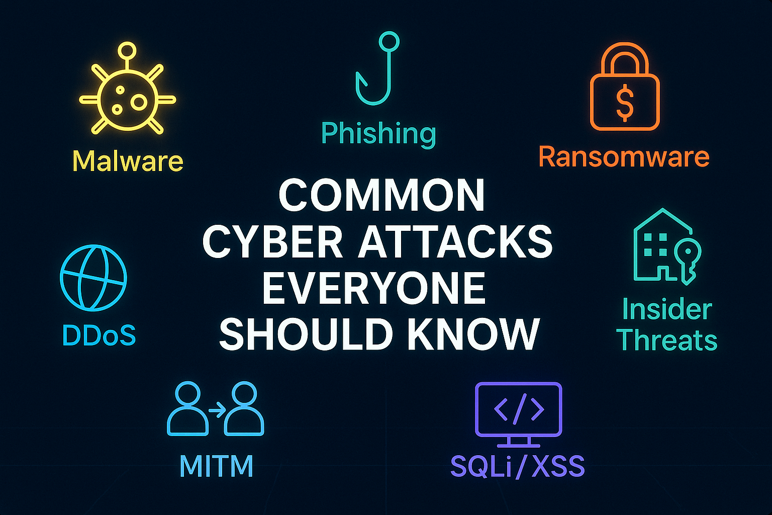 Infographic: common cyber attacks and defense – Malware, Phishing, Ransomware, DDoS, MITM, SQLi/XSS, Insider