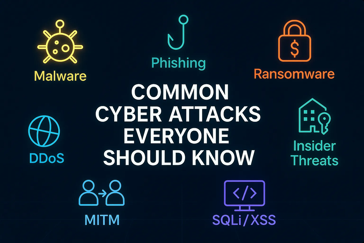 Инфографика: често срещани кибератаки и защита – Malware, Phishing, Ransomware, DDoS, MITM, SQLi/XSS, Insider