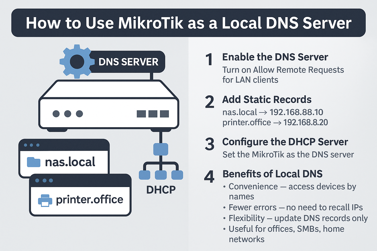Infographic: configuring local DNS in MikroTik to access devices by name