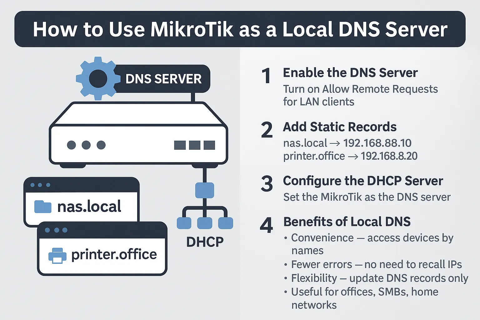 Инфографика: настройка на локален DNS в MikroTik за достъп до устройства по име