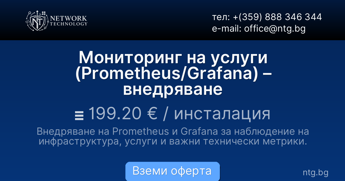 Мониторинг на услуги (Prometheus/Grafana) – внедряване
