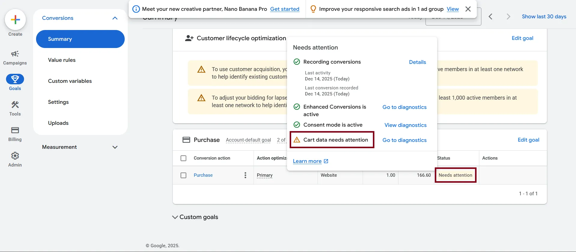 Google Ads conversion diagnostics – Needs attention
